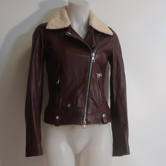 Womens SET Urban Deluxe Brown Leather Jacket W/Shearling Collar IT 38/US 2 - Picture 1 of 15